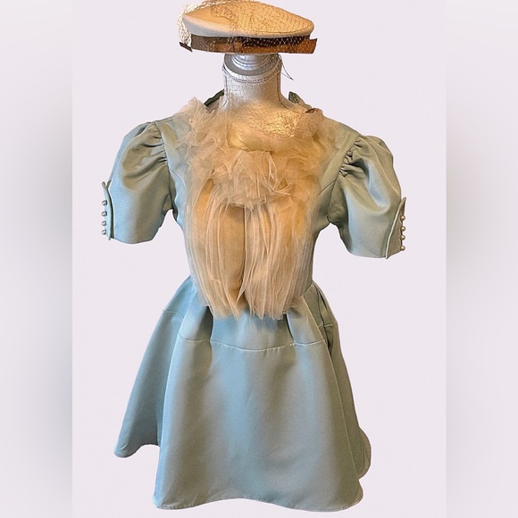 Lolita Cosplay Light Blue Short Dress w/Tulle Collar Sz Small - Picture 7 of 8